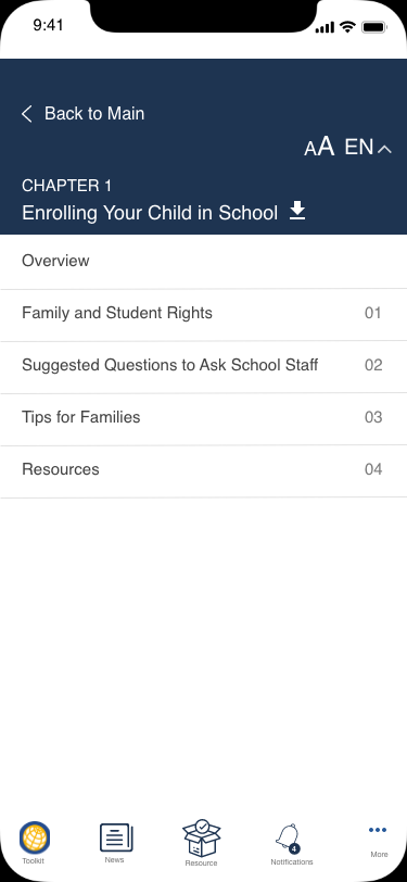 User testing screen: Enrolling Your Child in School