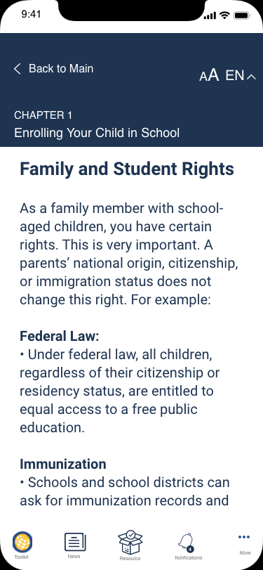 User testing screen: Family and Student's Rights