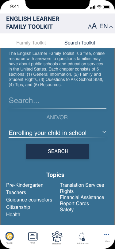 User testing screen: Toolkit Search