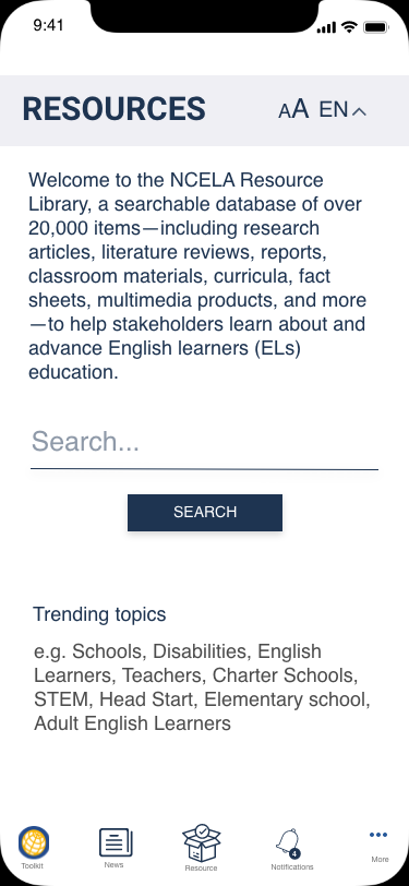 User testing screen: Resources Search